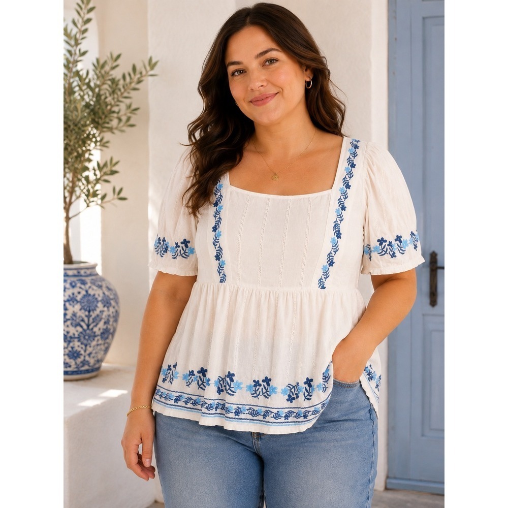 Old Navy Embroidered Peasant Blouse 3X Blue White Square Neck Plus Size Boho